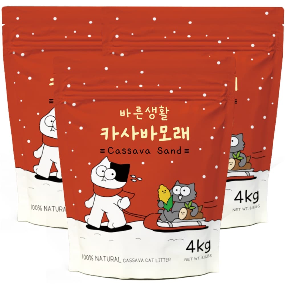 바른생활 먼지없는 카사바 고양이모래 무향 4kg, 3개