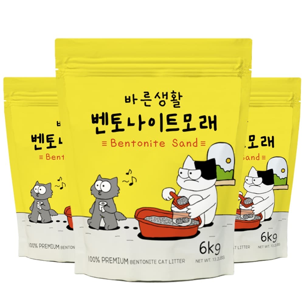 바른생활 먼지없는 벤토나이트 고양이모래 무향 6kg, 3개