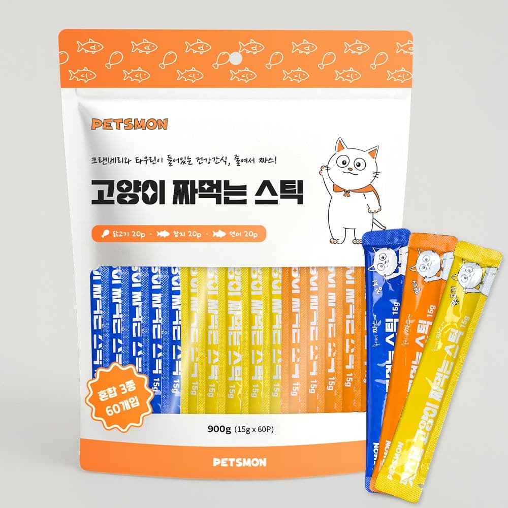 펫츠몬 펫츠몬 고양이 짜먹는 스틱 대용량 15g 60개입 혼합맛 (닭고기/참치/연어)