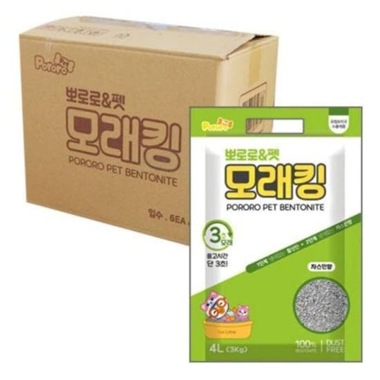모래 고양이 뽀로로&amp;펫 모래킹 벤토나이트 쟈스민향 천연 4LX6개