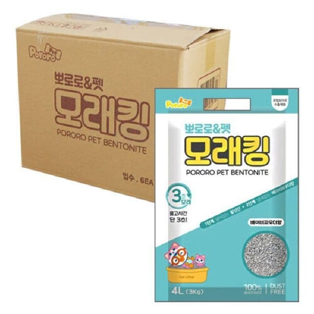 고양이 모래 화장실 반려동물 뽀로로펫모래킹4L 6개 1박스 베이비파우다향